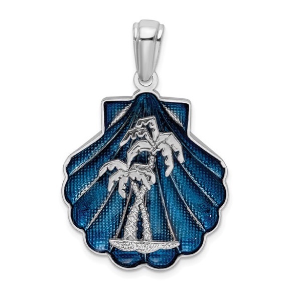 Sterling Silver Polished Enameled Blue Shell with Palm Trees Pendant - Picture 1 of 4